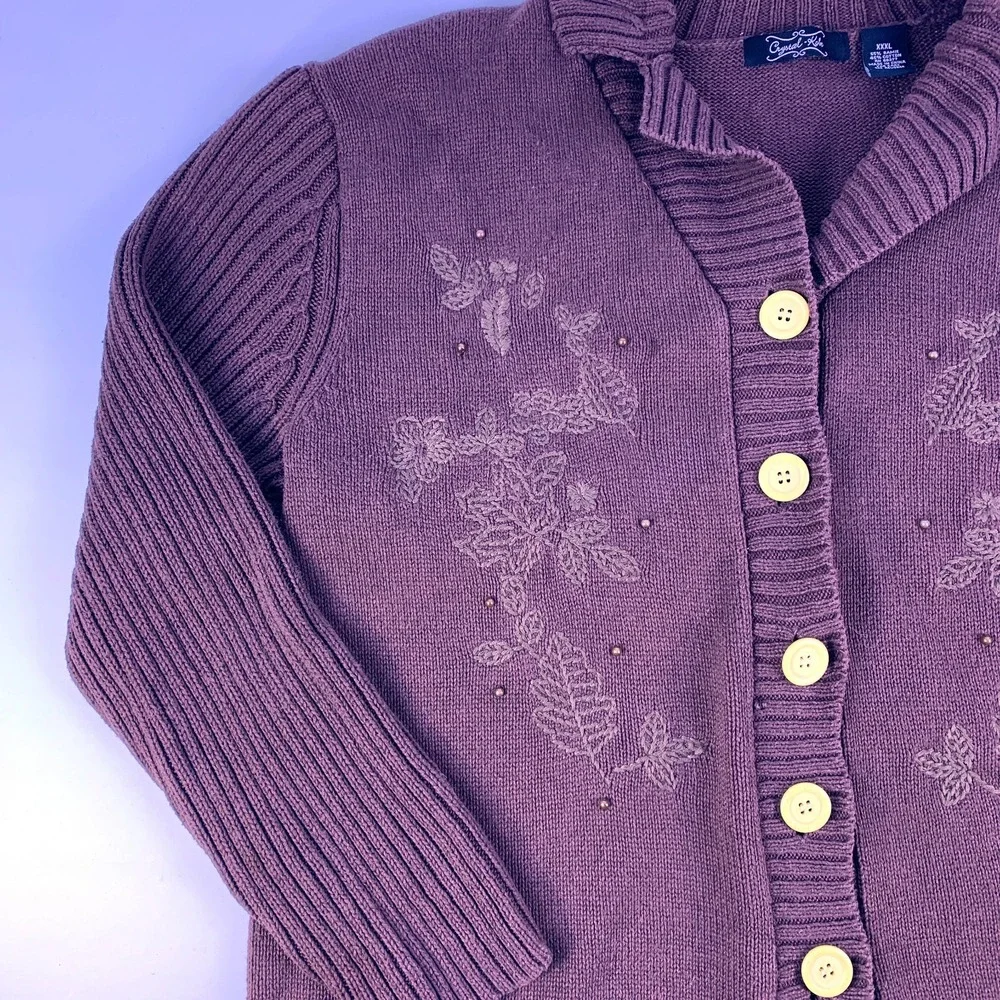 VTG Crystal Kobe Cardigan Sweater Womens Sz XXXL Brown Embroidered Leaves Beaded - Picture 6 of 14